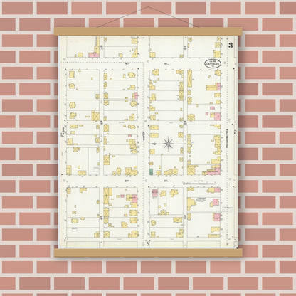 Old map wall art mockup — magnetic wood frame on brick wall — Sanborn Fire Insurance Map from Indiana, Indiana County, Pennsylvania (1903), Sheet #0003