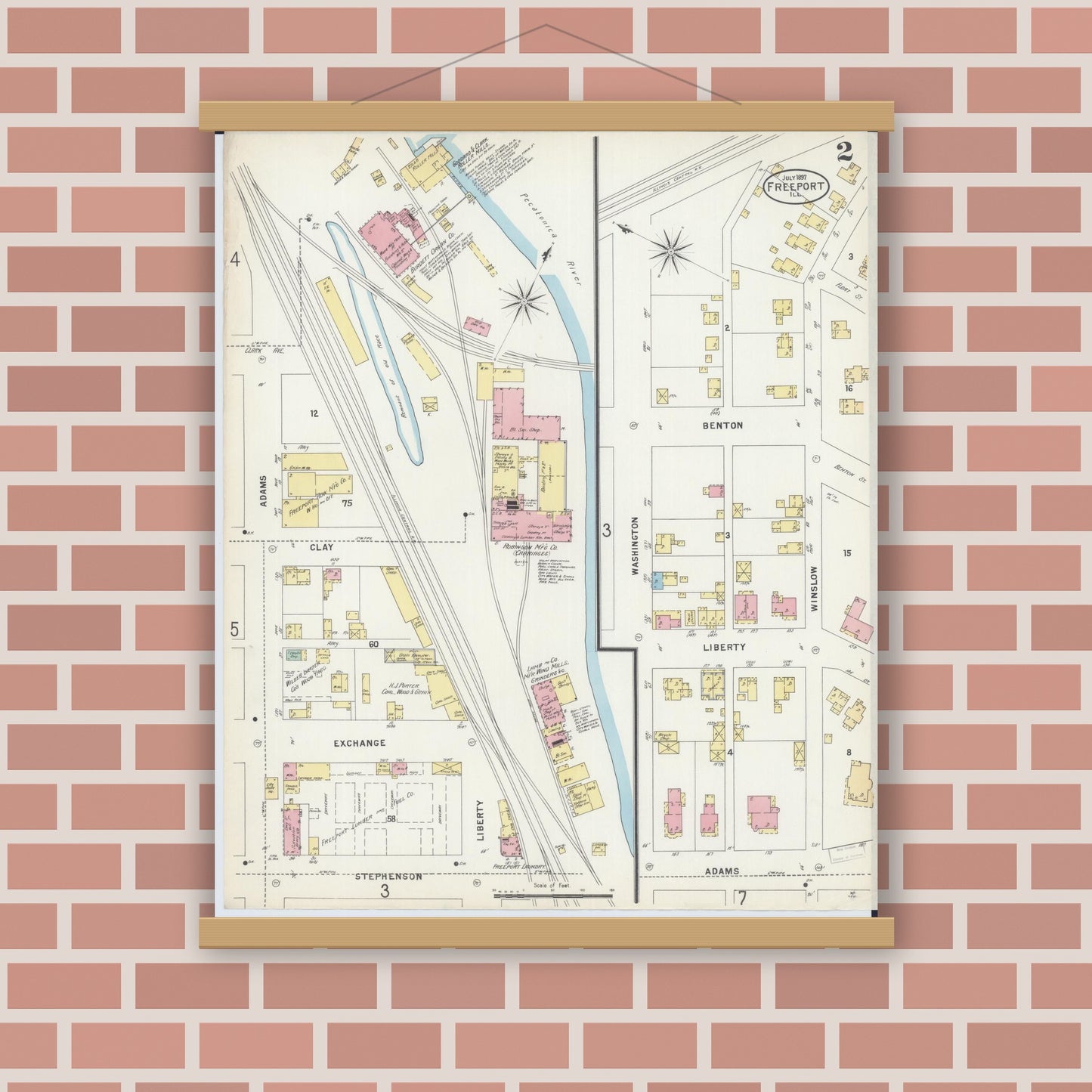 Old map wall art mockup — magnetic wood frame on brick wall — Sanborn Fire Insurance Map from Freeport, Stephenson County, Illinois (1897), Sheet #0002