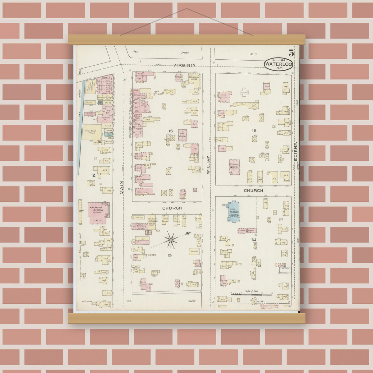 Old map wall art mockup — magnetic wood frame on brick wall — Sanborn Fire Insurance Map from Waterloo, Seneca County, New York (1886), Sheet #0005