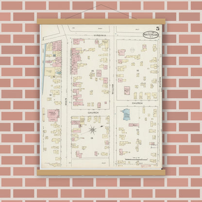 Old map wall art mockup — magnetic wood frame on brick wall — Sanborn Fire Insurance Map from Waterloo, Seneca County, New York (1886), Sheet #0005