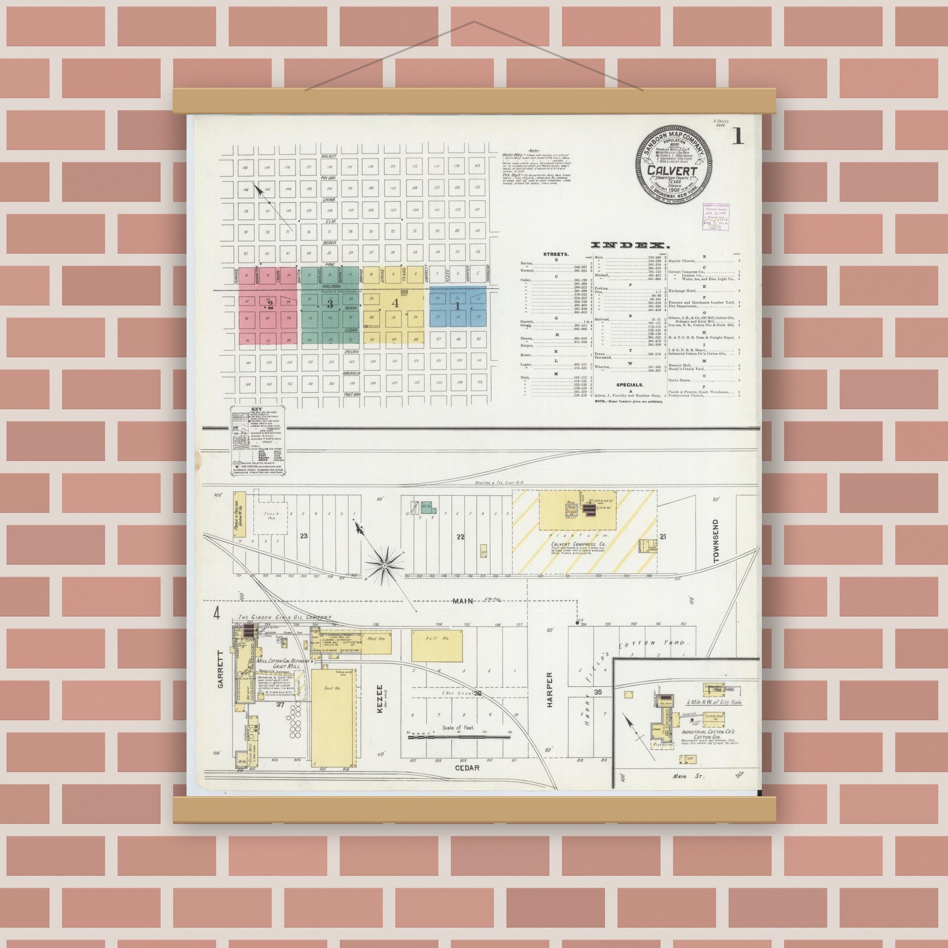 Old map wall art mockup — magnetic wood frame on brick wall — Sanborn Fire Insurance Map from Calvert, Robertson County, Texas (1906), Sheet #0001