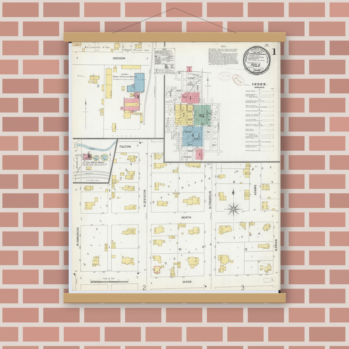 Old map wall art mockup — magnetic wood frame on brick wall — Sanborn Fire Insurance Map from Polo, Ogle County, Illinois (1899), Sheet #0001