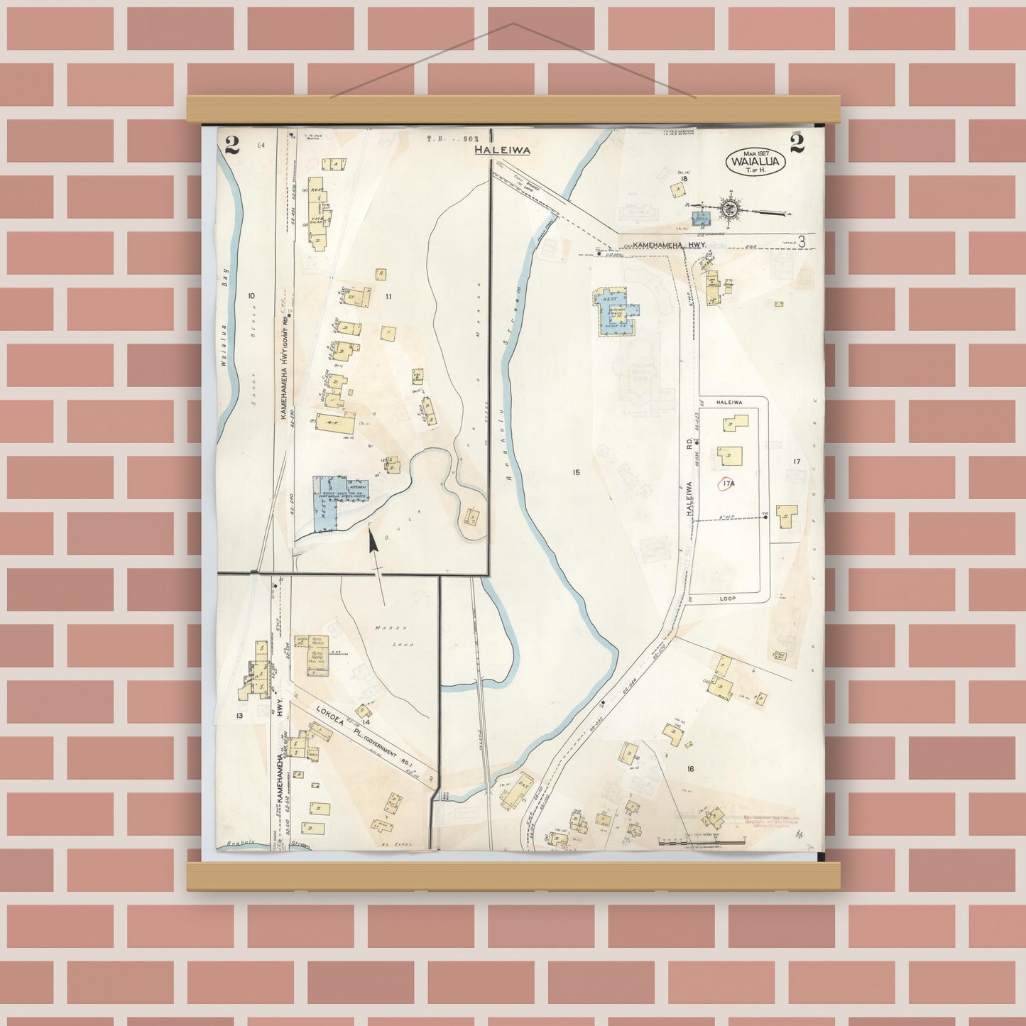 Old map wall art mockup — magnetic wood frame on brick wall — Sanborn Fire Insurance Map from Waialua, Honolulu County, Hawaii (1957), Sheet #0002