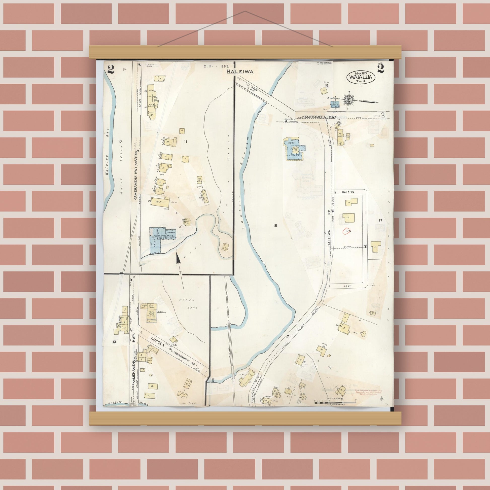 Old map wall art mockup — magnetic wood frame on brick wall — Sanborn Fire Insurance Map from Waialua, Honolulu County, Hawaii (1957), Sheet #0002