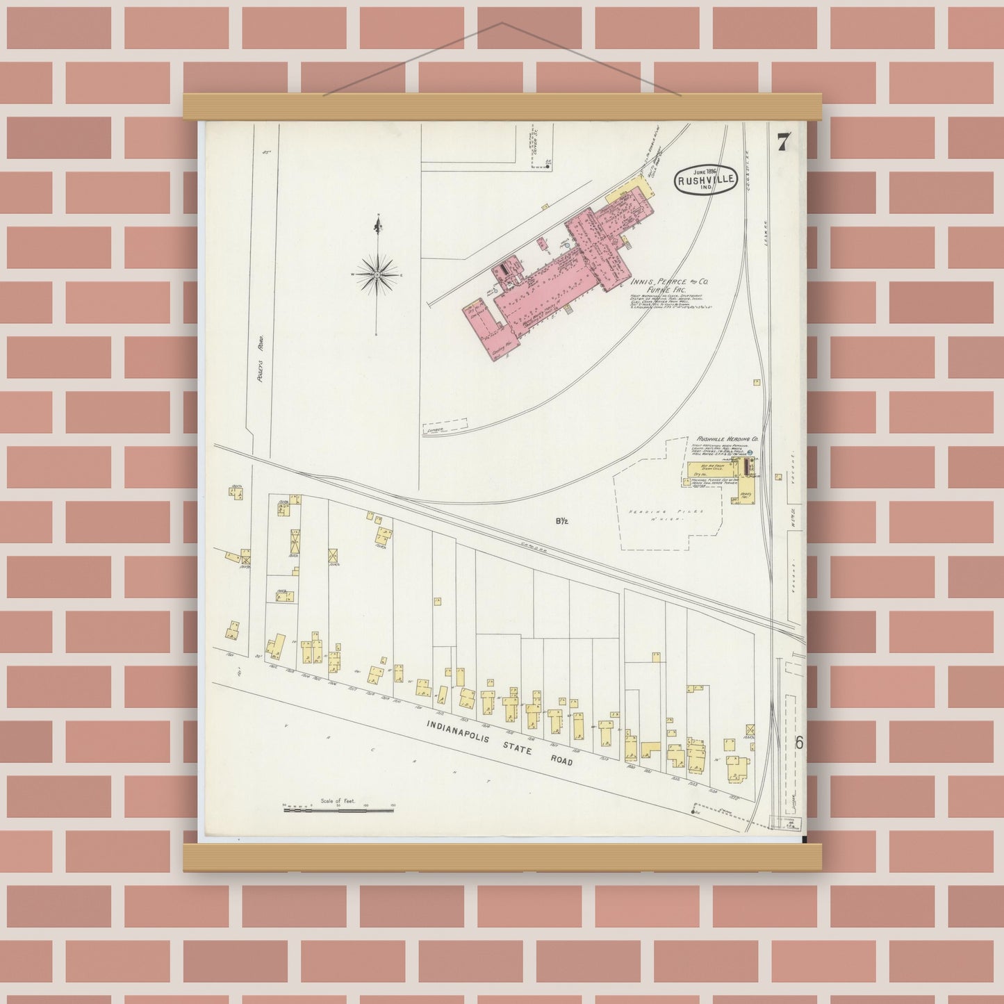 Old map wall art mockup — magnetic wood frame on brick wall — Sanborn Fire Insurance Map from Rushville, Rush County, Indiana (1896), Sheet #0007