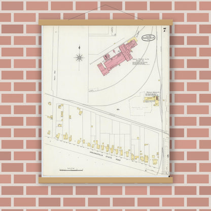 Old map wall art mockup — magnetic wood frame on brick wall — Sanborn Fire Insurance Map from Rushville, Rush County, Indiana (1896), Sheet #0007