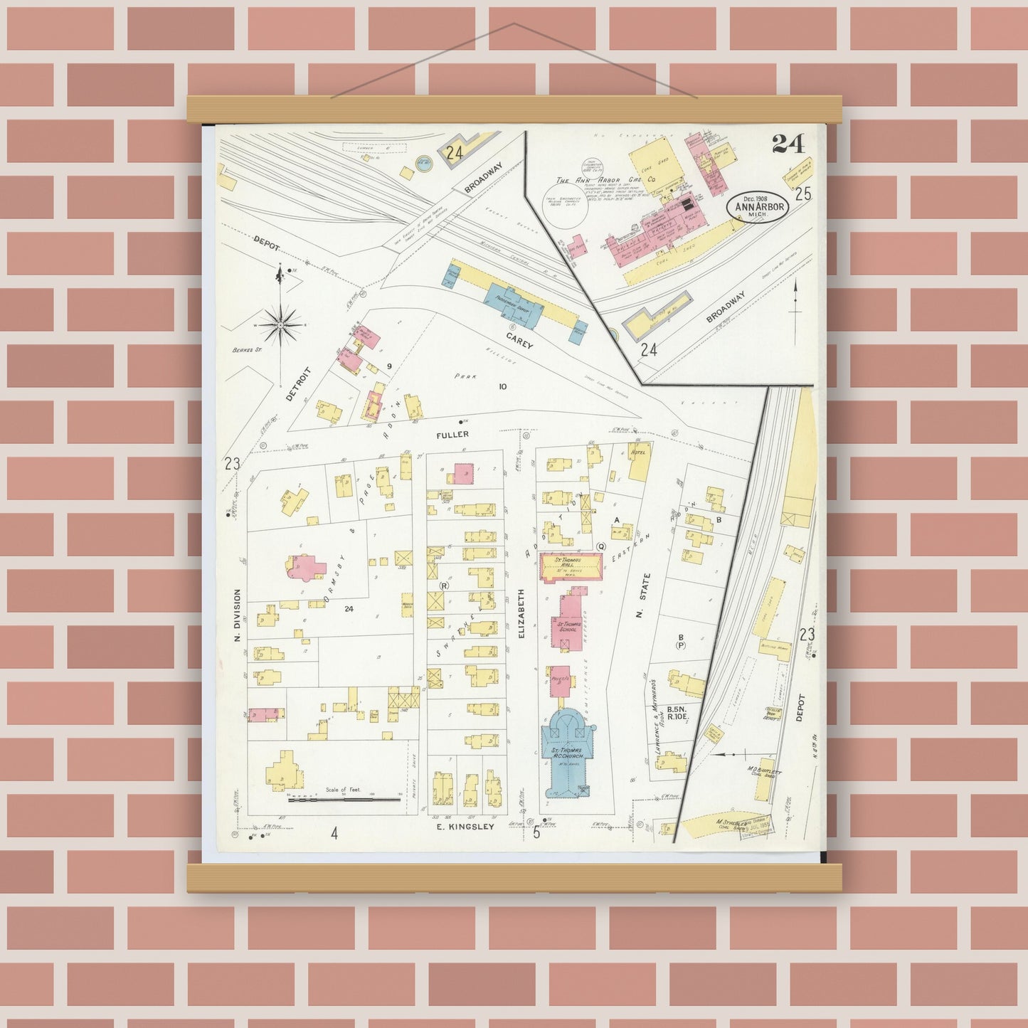 Old map wall art mockup — magnetic wood frame on brick wall — Sanborn Fire Insurance Map from Ann Arbor, Washtenaw County, Michigan (1908), Sheet #0024