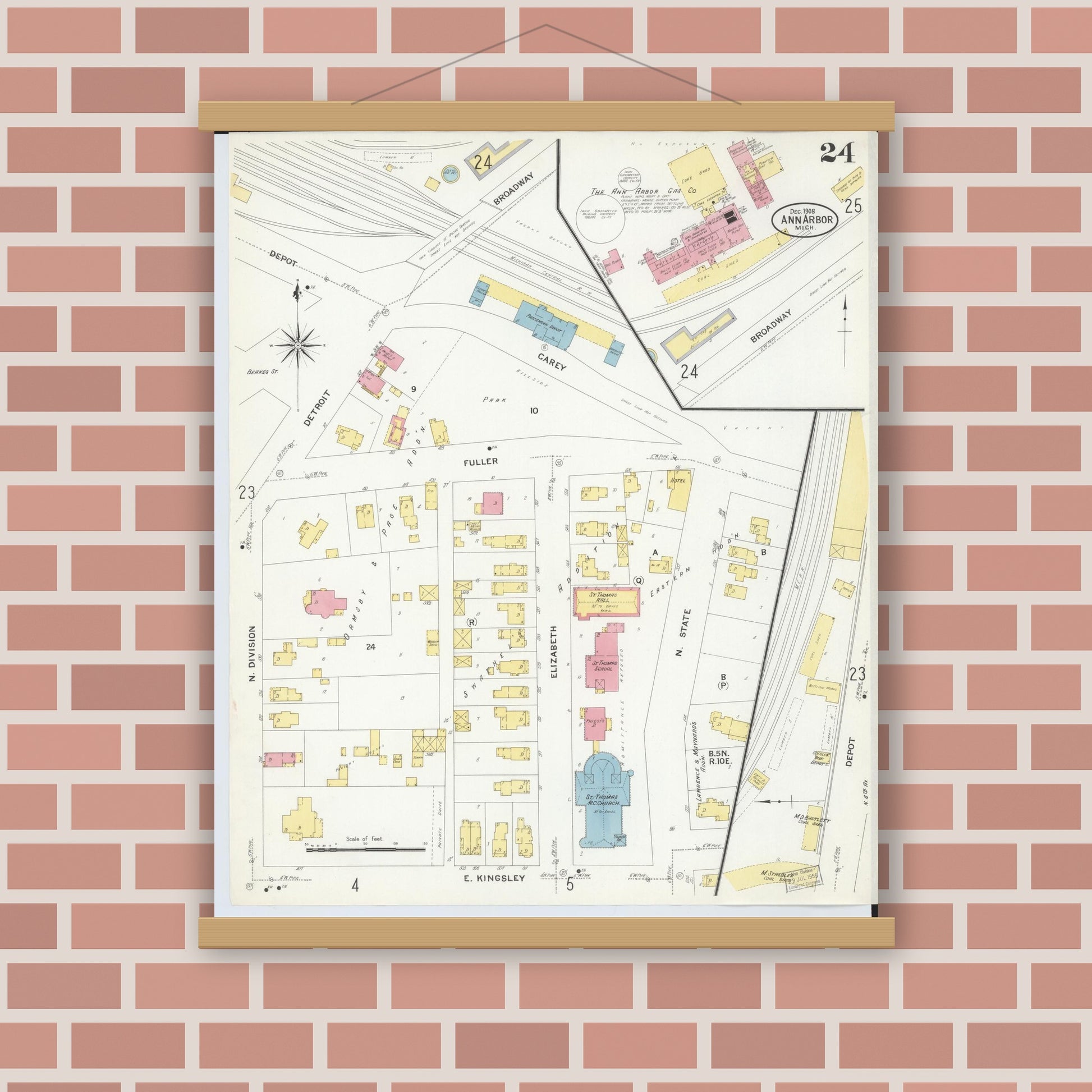 Old map wall art mockup — magnetic wood frame on brick wall — Sanborn Fire Insurance Map from Ann Arbor, Washtenaw County, Michigan (1908), Sheet #0024