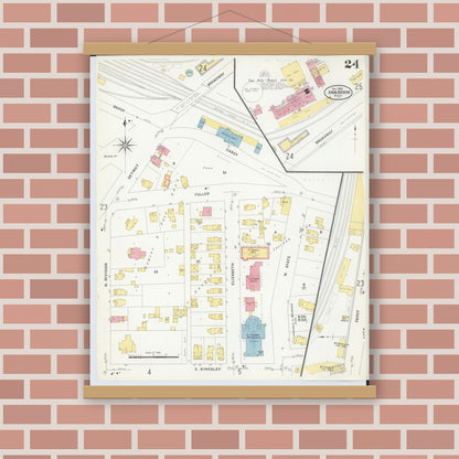 Old map wall art mockup — magnetic wood frame on brick wall — Sanborn Fire Insurance Map from Ann Arbor, Washtenaw County, Michigan (1908), Sheet #0024