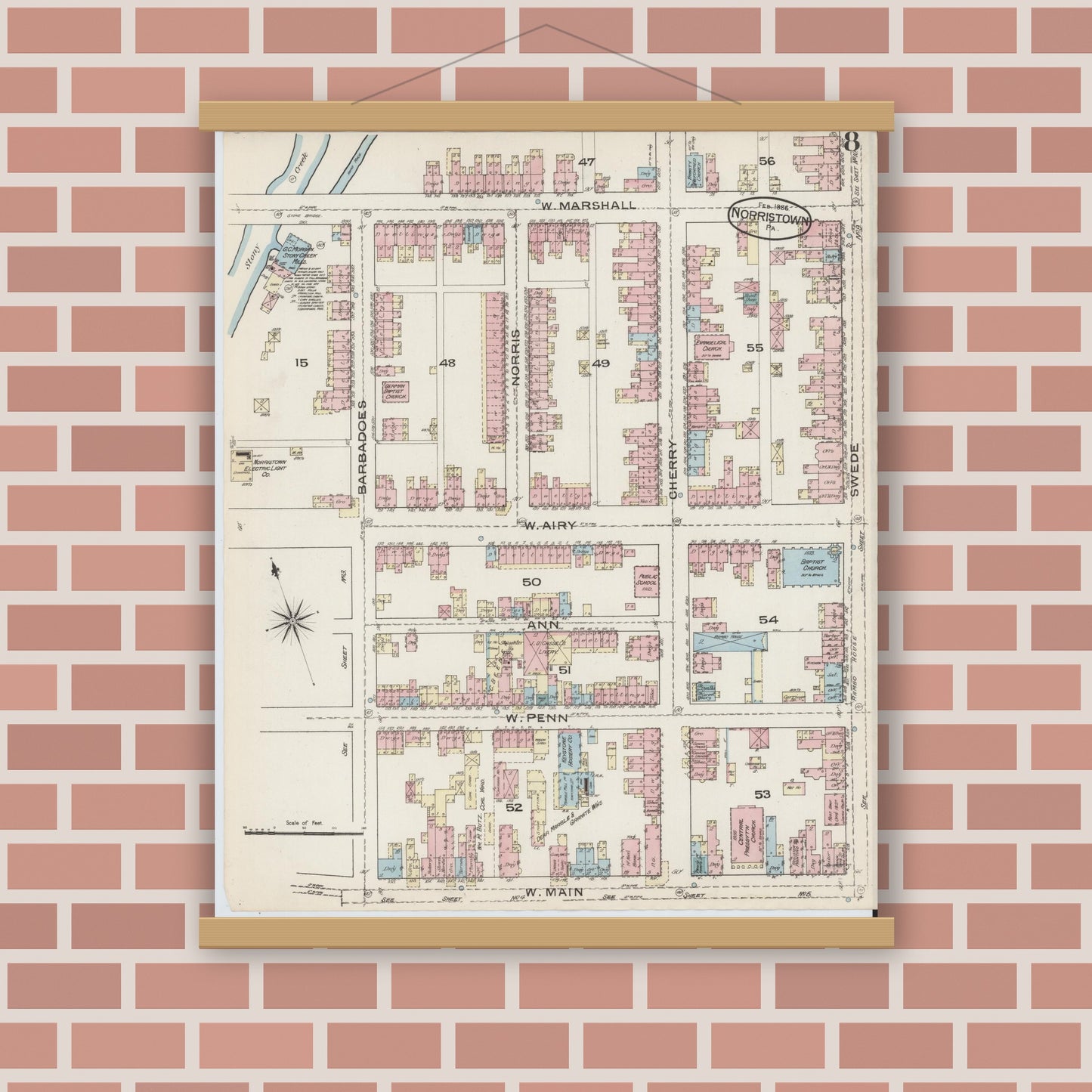 Old map wall art mockup — magnetic wood frame on brick wall — Sanborn Fire Insurance Map from Norristown, Montgomery County, Pennsylvania (1886), Sheet #0008