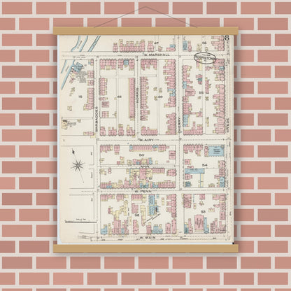 Old map wall art mockup — magnetic wood frame on brick wall — Sanborn Fire Insurance Map from Norristown, Montgomery County, Pennsylvania (1886), Sheet #0008