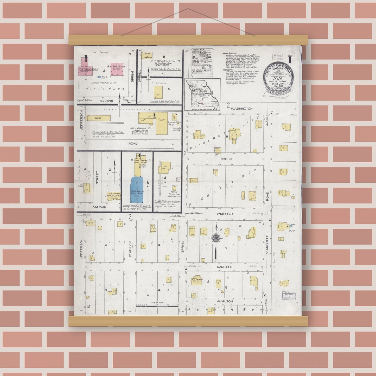 Old map wall art mockup — magnetic wood frame on brick wall — Sanborn Fire Insurance Map from Ava, Douglas County, Missouri (1925) - Complete Map Set