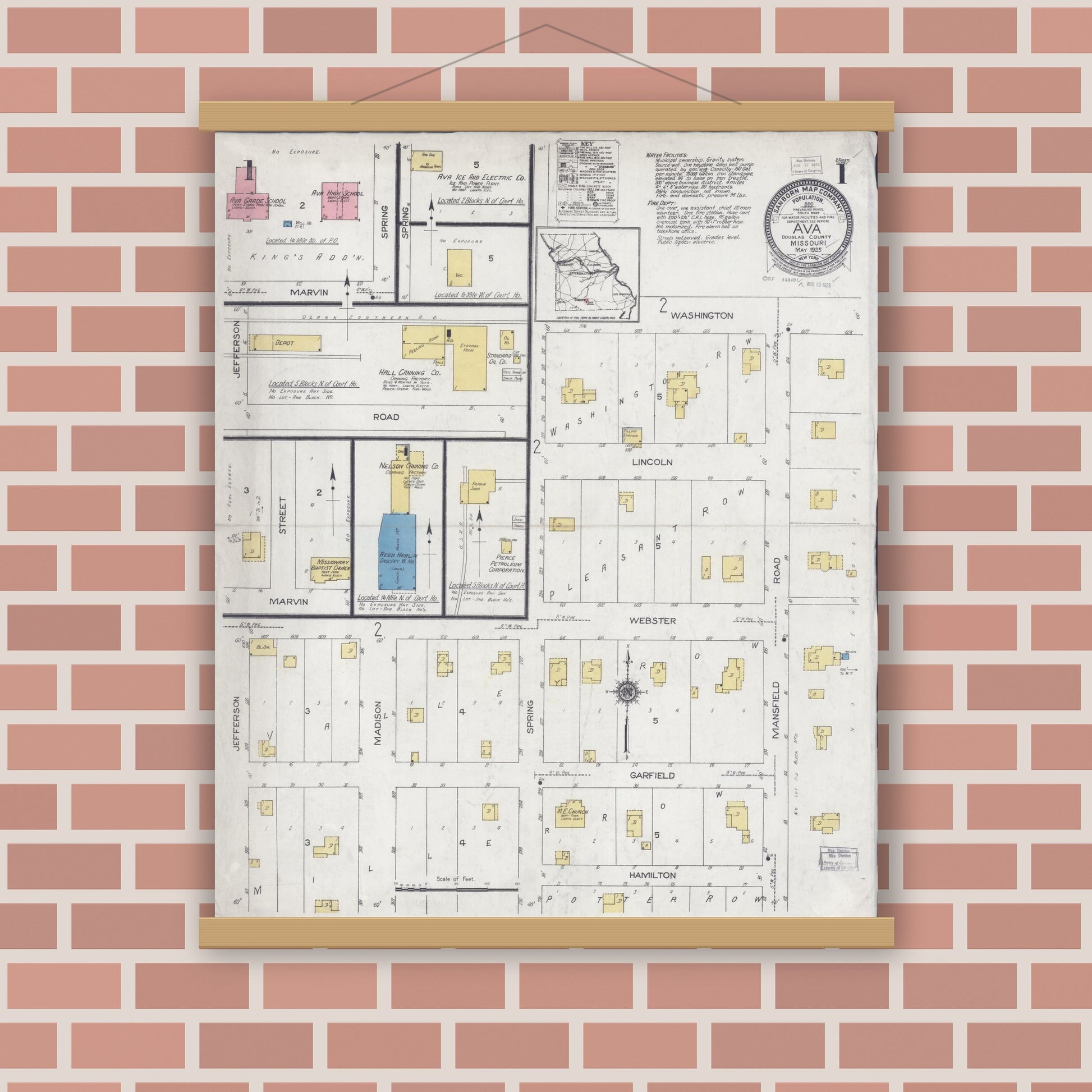Old map wall art mockup — magnetic wood frame on brick wall — Sanborn Fire Insurance Map from Ava, Douglas County, Missouri (1925) - Complete Map Set