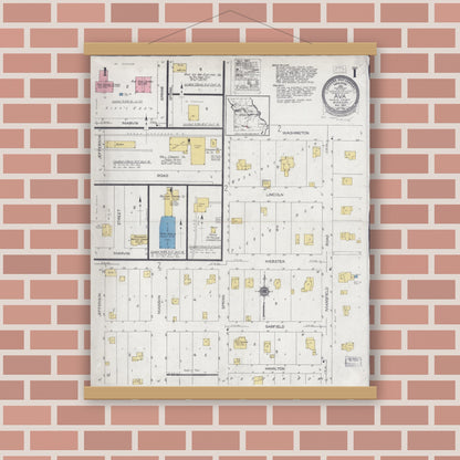 Old map wall art mockup — magnetic wood frame on brick wall — Sanborn Fire Insurance Map from Ava, Douglas County, Missouri (1925) - Complete Map Set