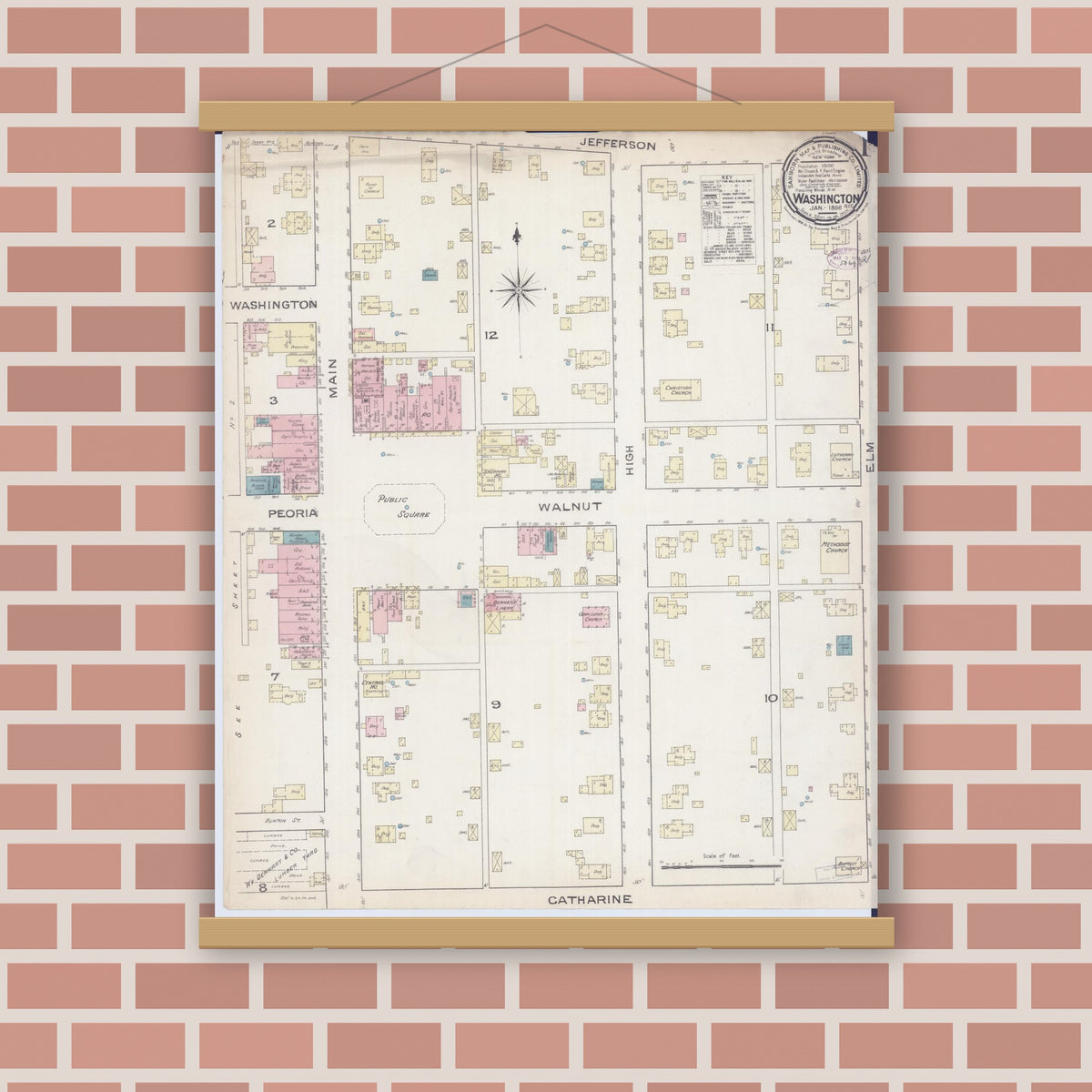 Old map wall art mockup — magnetic wood frame on brick wall — Sanborn Fire Insurance Map from Washington, Tazewell County, Illinois (1886), Sheet #0001