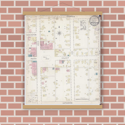 Old map wall art mockup — magnetic wood frame on brick wall — Sanborn Fire Insurance Map from Washington, Tazewell County, Illinois (1886), Sheet #0001