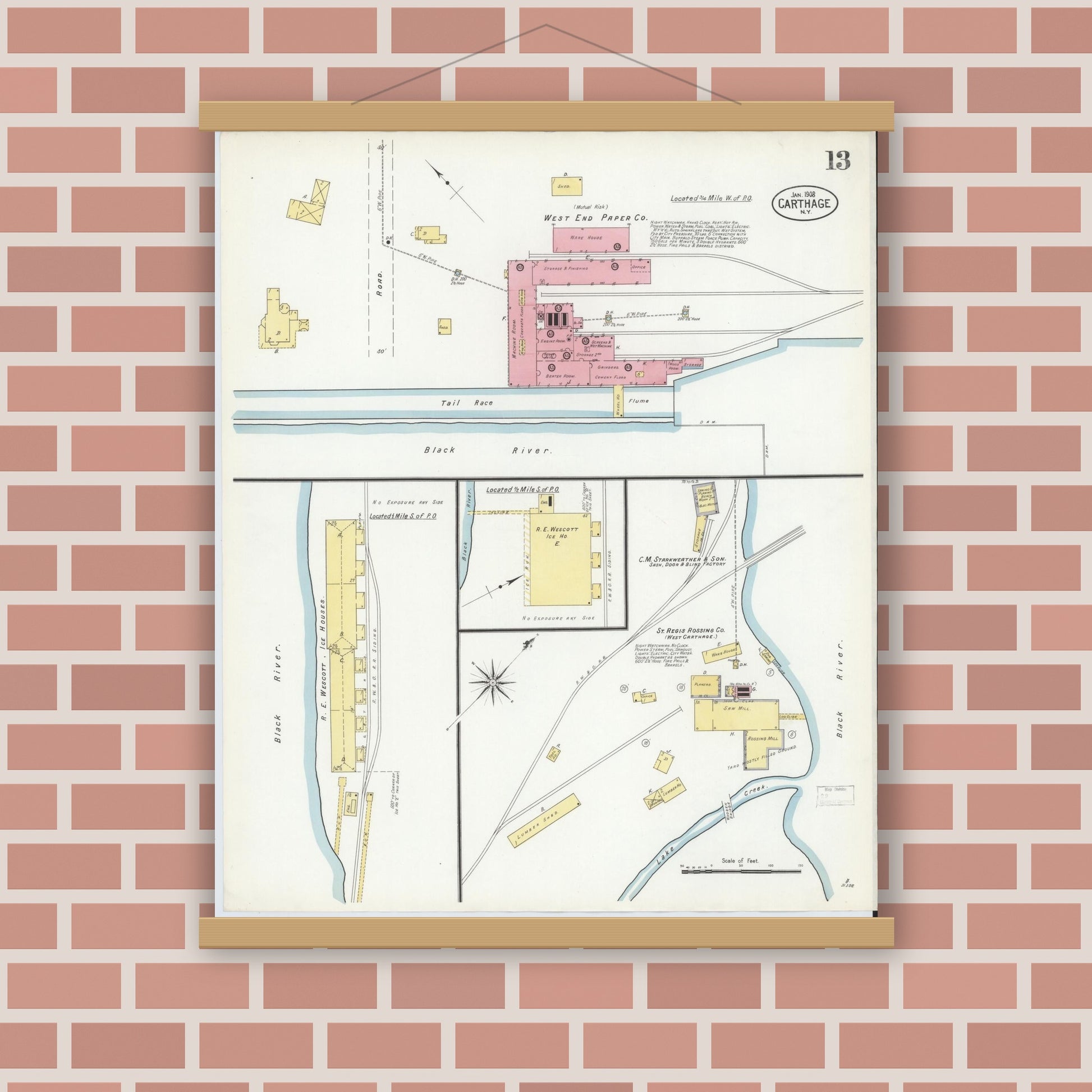 Old map wall art mockup — magnetic wood frame on brick wall — Sanborn Fire Insurance Map from Carthage, Jefferson County, New York (1908), Sheet #0013