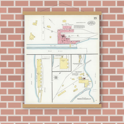Old map wall art mockup — magnetic wood frame on brick wall — Sanborn Fire Insurance Map from Carthage, Jefferson County, New York (1908), Sheet #0013