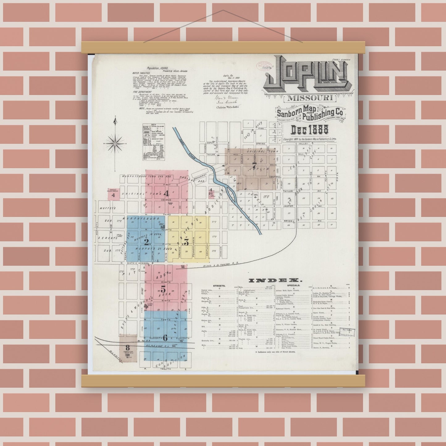 Old map wall art mockup — magnetic wood frame on brick wall — Sanborn Fire Insurance Map from Joplin, Jasper County, Missouri (1888), Sheet #0001
