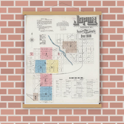 Old map wall art mockup — magnetic wood frame on brick wall — Sanborn Fire Insurance Map from Joplin, Jasper County, Missouri (1888), Sheet #0001
