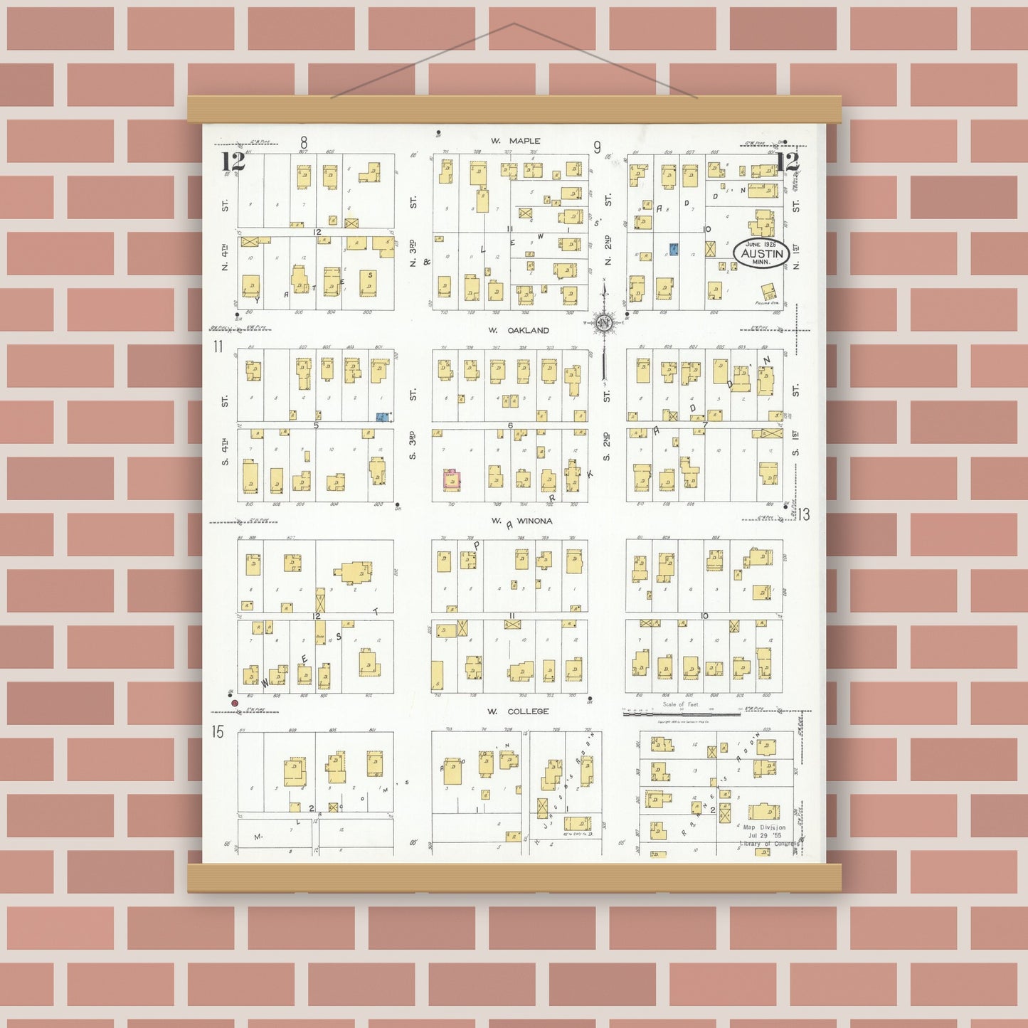 Old map wall art mockup — magnetic wood frame on brick wall — Sanborn Fire Insurance Map from Austin, Mower County, Minnesota (1926), Sheet #0012