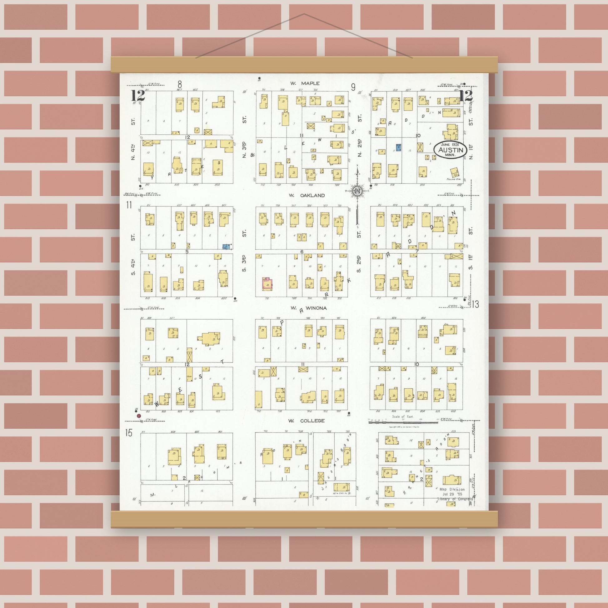 Old map wall art mockup — magnetic wood frame on brick wall — Sanborn Fire Insurance Map from Austin, Mower County, Minnesota (1926), Sheet #0012