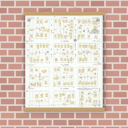 Old map wall art mockup — magnetic wood frame on brick wall — Sanborn Fire Insurance Map from Austin, Mower County, Minnesota (1926), Sheet #0012