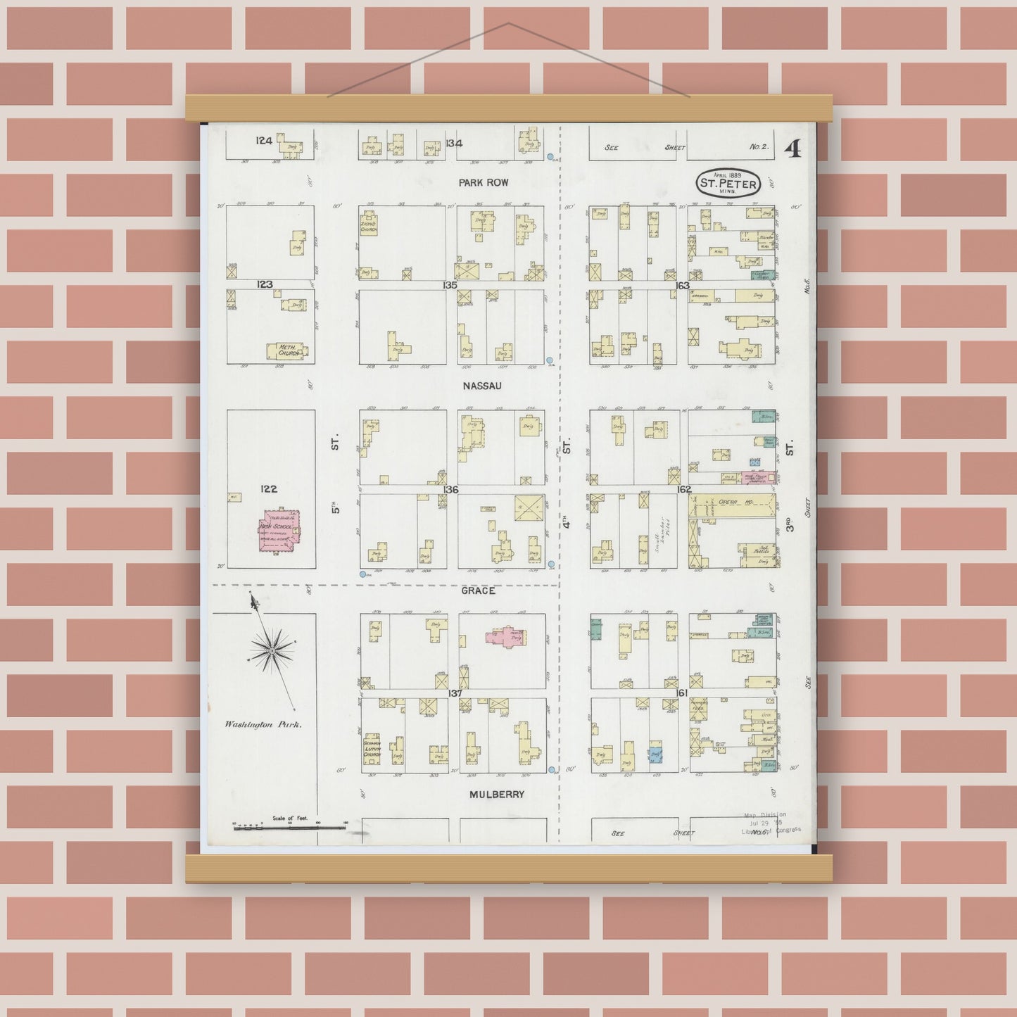 Old map wall art mockup — magnetic wood frame on brick wall — Sanborn Fire Insurance Map from Saint Peter, Nicollet County, Minnesota (1889), Sheet #0004