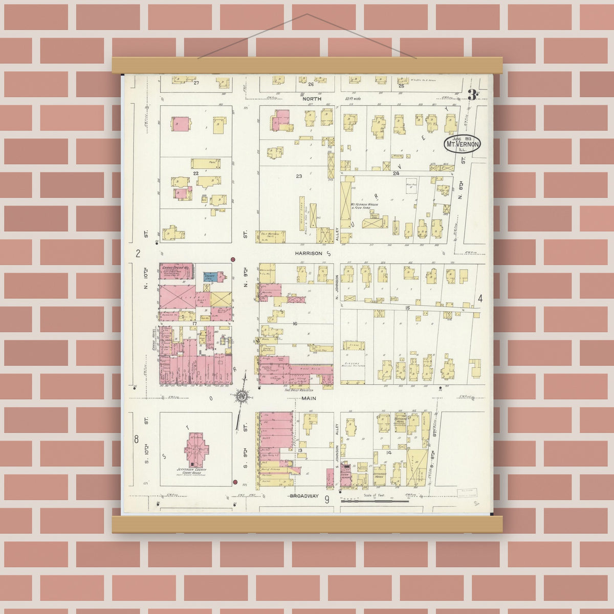Old map wall art mockup — magnetic wood frame on brick wall — Sanborn Fire Insurance Map from Mount Vernon, Jefferson County, Illinois (1913), Sheet #0003