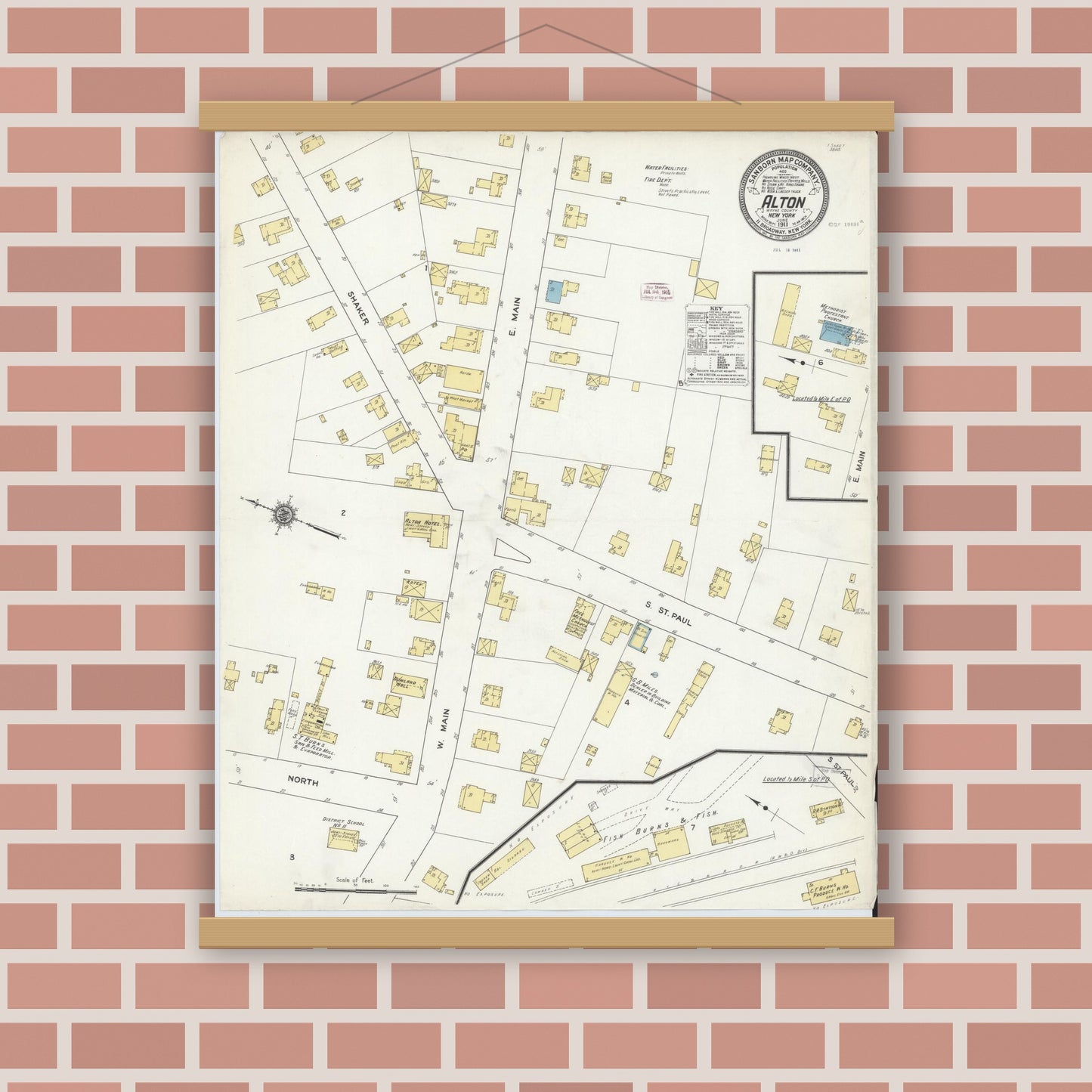 Old map wall art mockup — magnetic wood frame on brick wall — Sanborn Fire Insurance Map from Alton, Wayne County, New York (1911), Sheet #0001