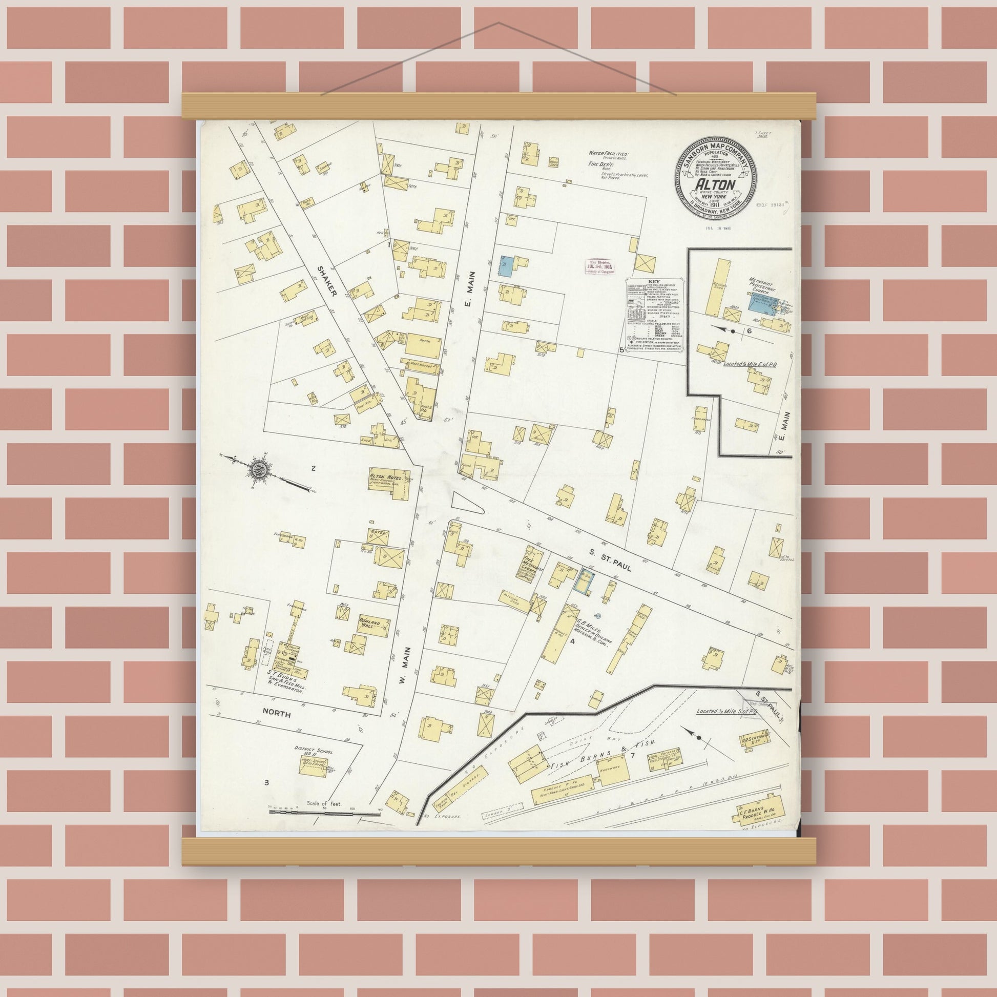 Old map wall art mockup — magnetic wood frame on brick wall — Sanborn Fire Insurance Map from Alton, Wayne County, New York (1911), Sheet #0001