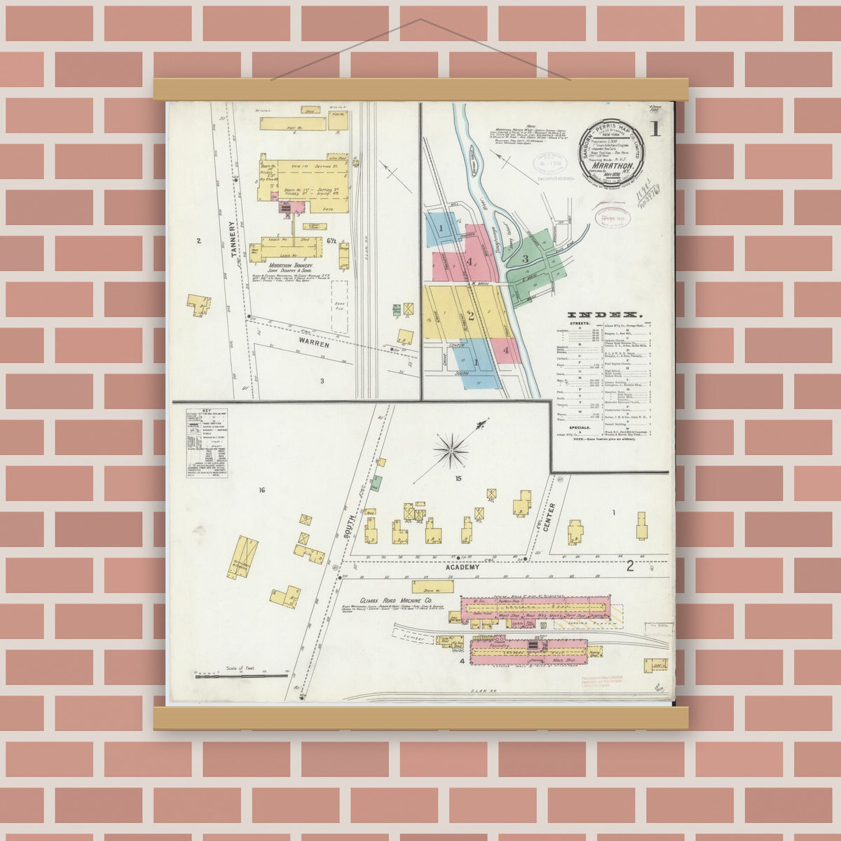 Old map wall art mockup — magnetic wood frame on brick wall — Sanborn Fire Insurance Map from Marathon, Cortland County, New York (1898) - Complete Map Set