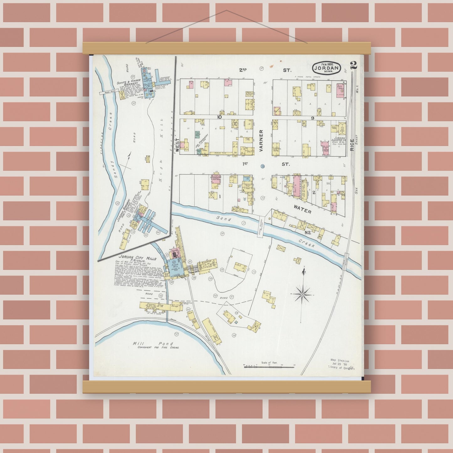 Old map wall art mockup — magnetic wood frame on brick wall — Sanborn Fire Insurance Map from Jordan, Scott County, Minnesota (1892), Sheet #0002