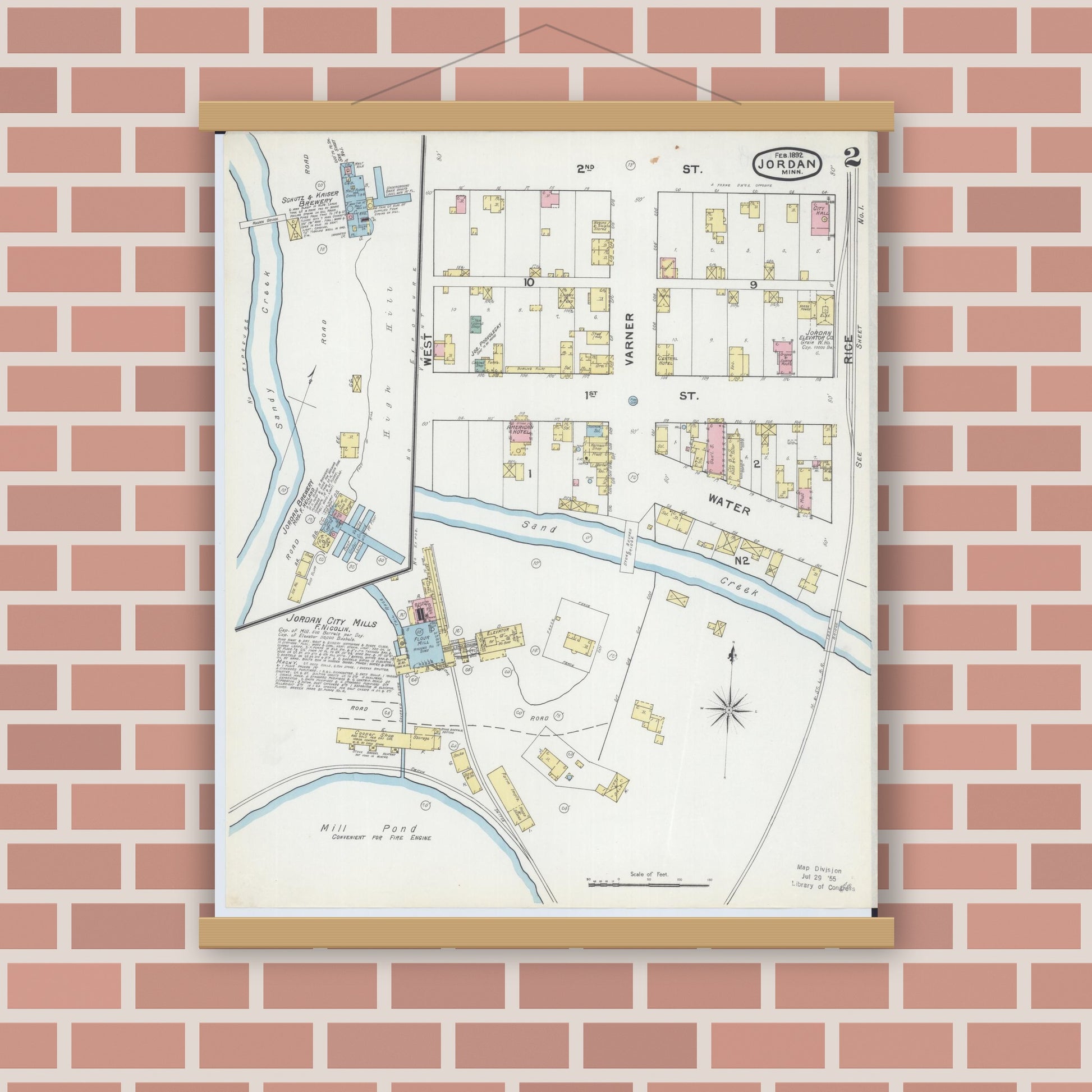 Old map wall art mockup — magnetic wood frame on brick wall — Sanborn Fire Insurance Map from Jordan, Scott County, Minnesota (1892), Sheet #0002