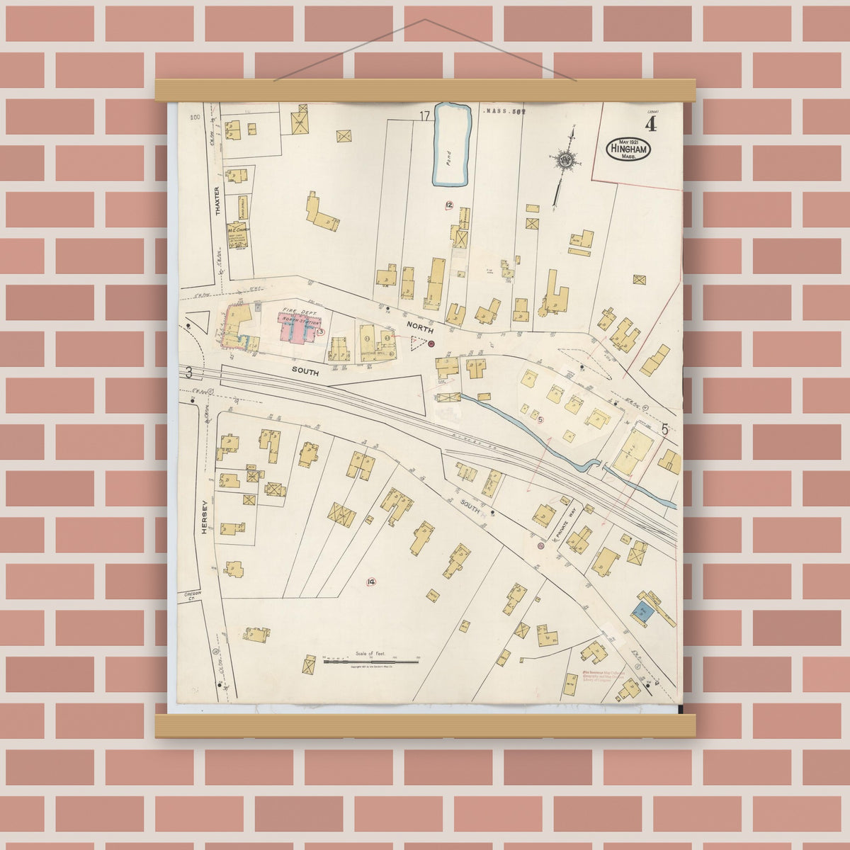 Old map wall art mockup — magnetic wood frame on brick wall — Sanborn Fire Insurance Map from Hingham, Plymouth County, Massachusetts (1948), Sheet #0004