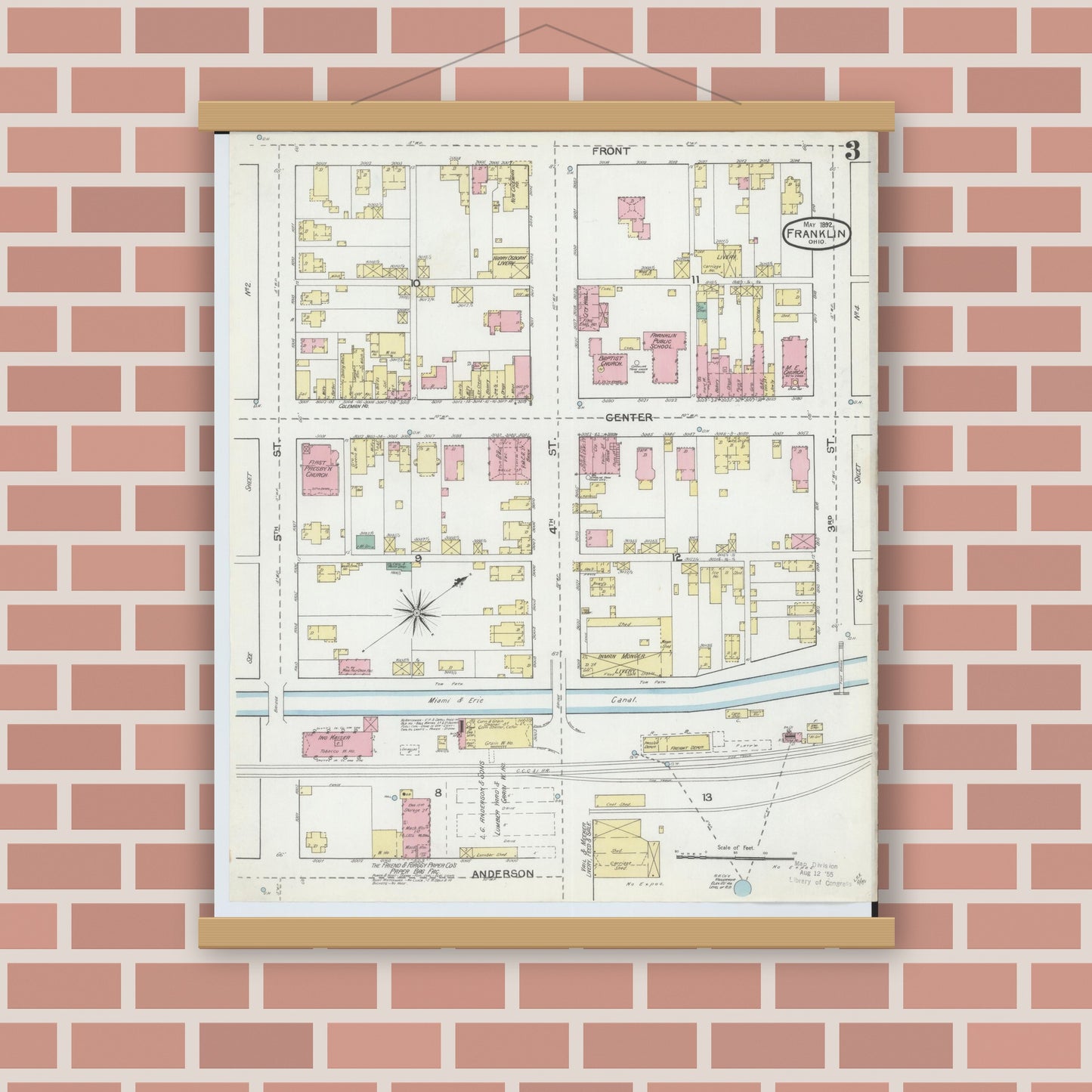 Old map wall art mockup — magnetic wood frame on brick wall — Sanborn Fire Insurance Map from Franklin, Warren County, Ohio (1892), Sheet #0003