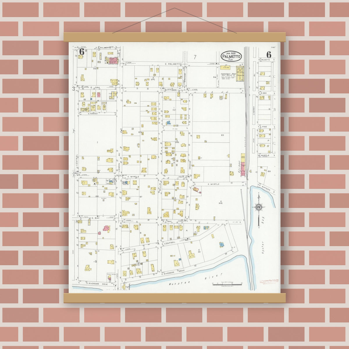 Old map wall art mockup — magnetic wood frame on brick wall — Sanborn Fire Insurance Map from Palmetto, Manatee County, Florida (1930), Sheet #0006