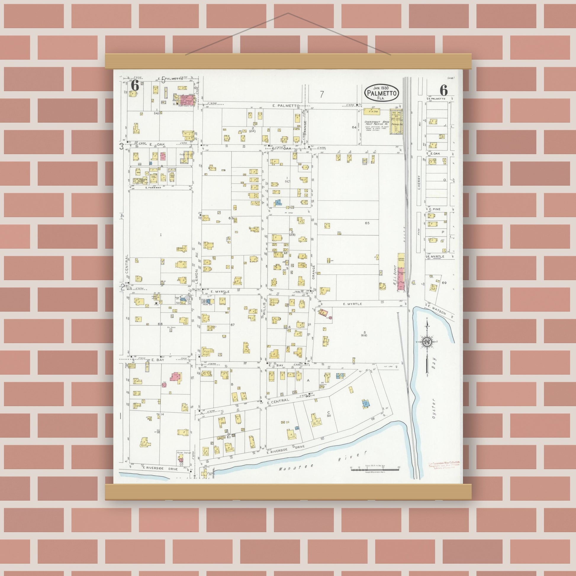 Old map wall art mockup — magnetic wood frame on brick wall — Sanborn Fire Insurance Map from Palmetto, Manatee County, Florida (1930), Sheet #0006