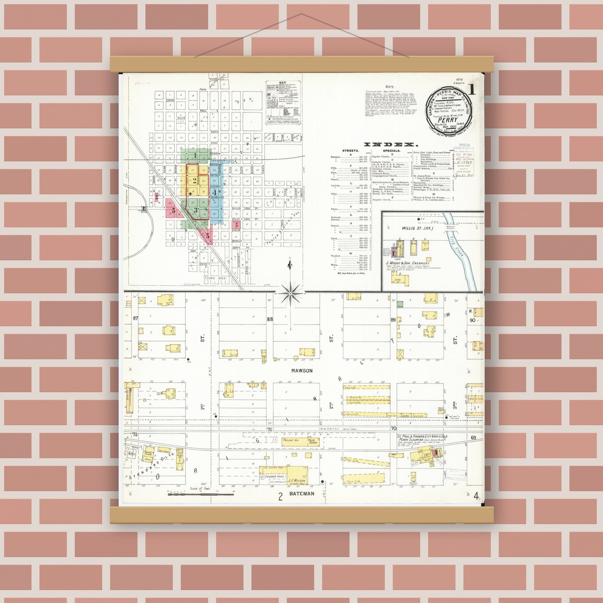 Old map wall art mockup — magnetic wood frame on brick wall — Sanborn Fire Insurance Map from Perry, Dallas County, Iowa (1900) â€” Complete Set
