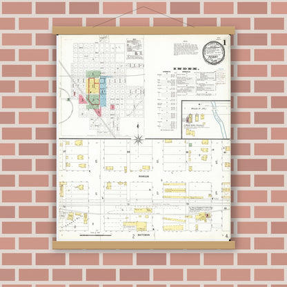 Old map wall art mockup — magnetic wood frame on brick wall — Sanborn Fire Insurance Map from Perry, Dallas County, Iowa (1900) â€” Complete Set