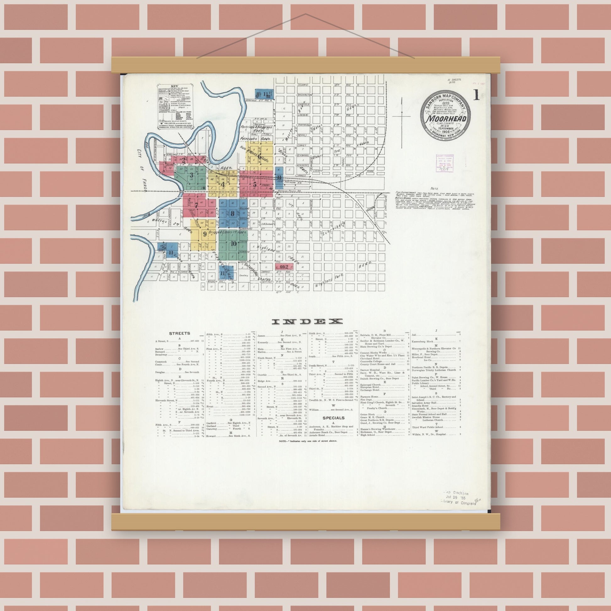 Old map wall art mockup — magnetic wood frame on brick wall — Sanborn Fire Insurance Map from Moorhead, Clay County, Minnesota (1906) - Complete Map Set