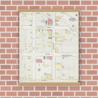 Old map wall art mockup — magnetic wood frame on brick wall — Sanborn Fire Insurance Map from Detroit Lakes, Becker County, Minnesota (1892), Sheet #0002