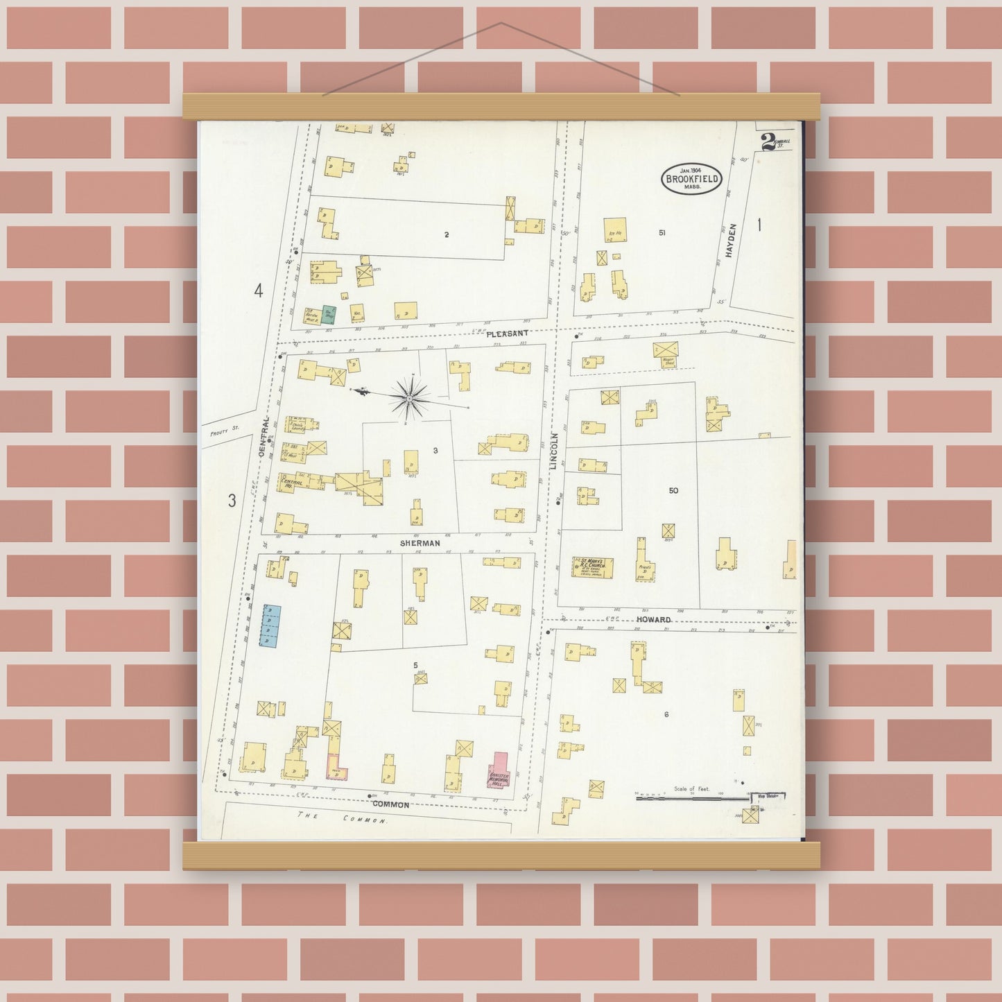 Old map wall art mockup — magnetic wood frame on brick wall — Sanborn Fire Insurance Map from Brookfield, Worcester County, Massachusetts (1904), Sheet #0002
