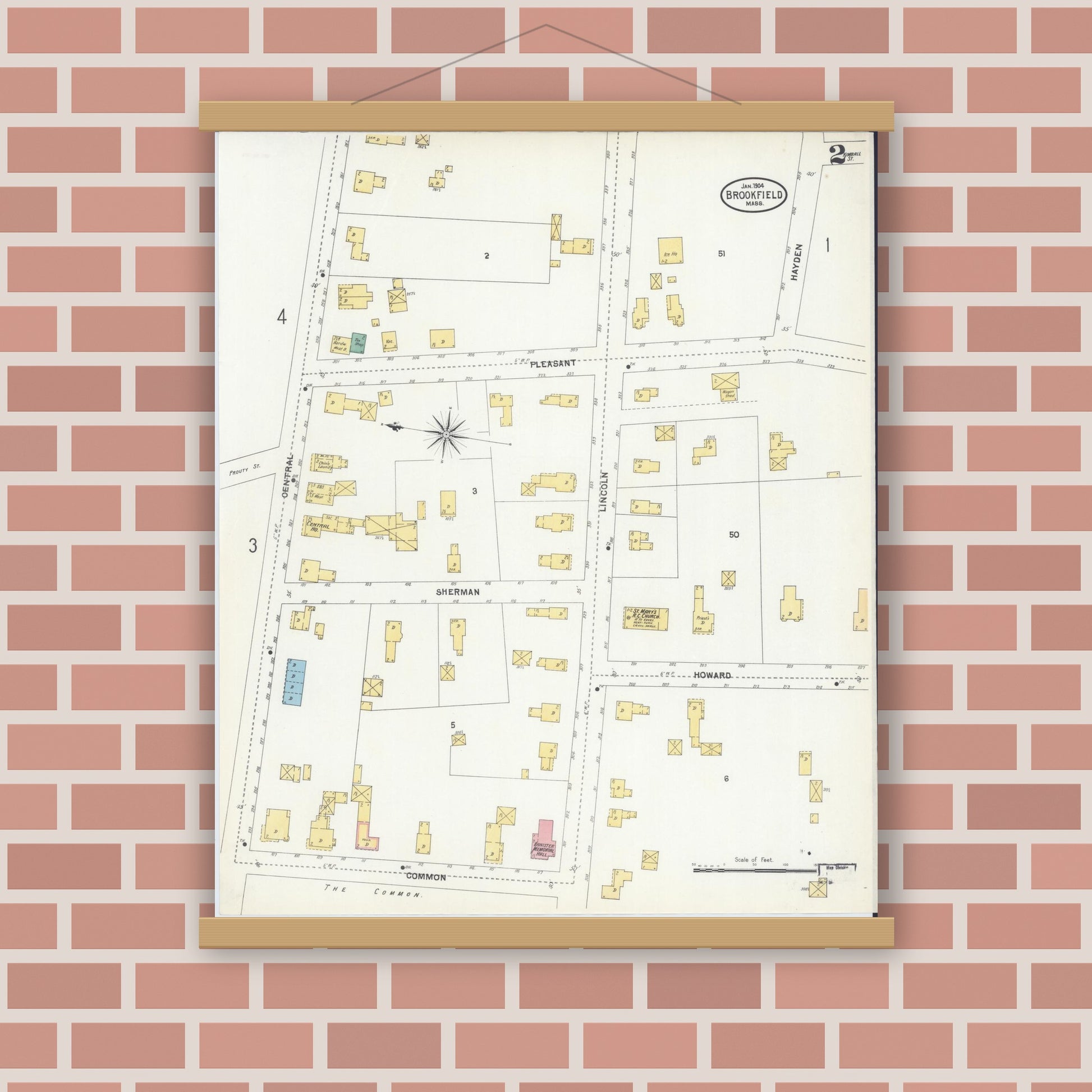 Old map wall art mockup — magnetic wood frame on brick wall — Sanborn Fire Insurance Map from Brookfield, Worcester County, Massachusetts (1904), Sheet #0002