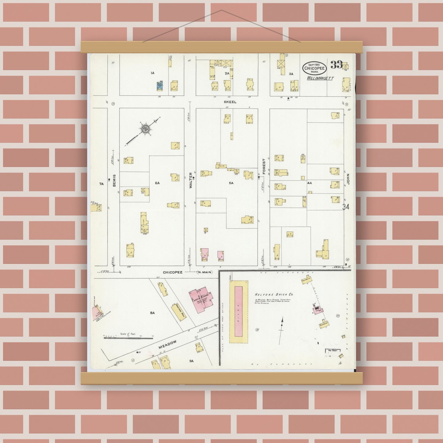 Old map wall art mockup — magnetic wood frame on brick wall — Sanborn Fire Insurance Map from Chicopee, Hampden County, Massachusetts (1910), Sheet #0033