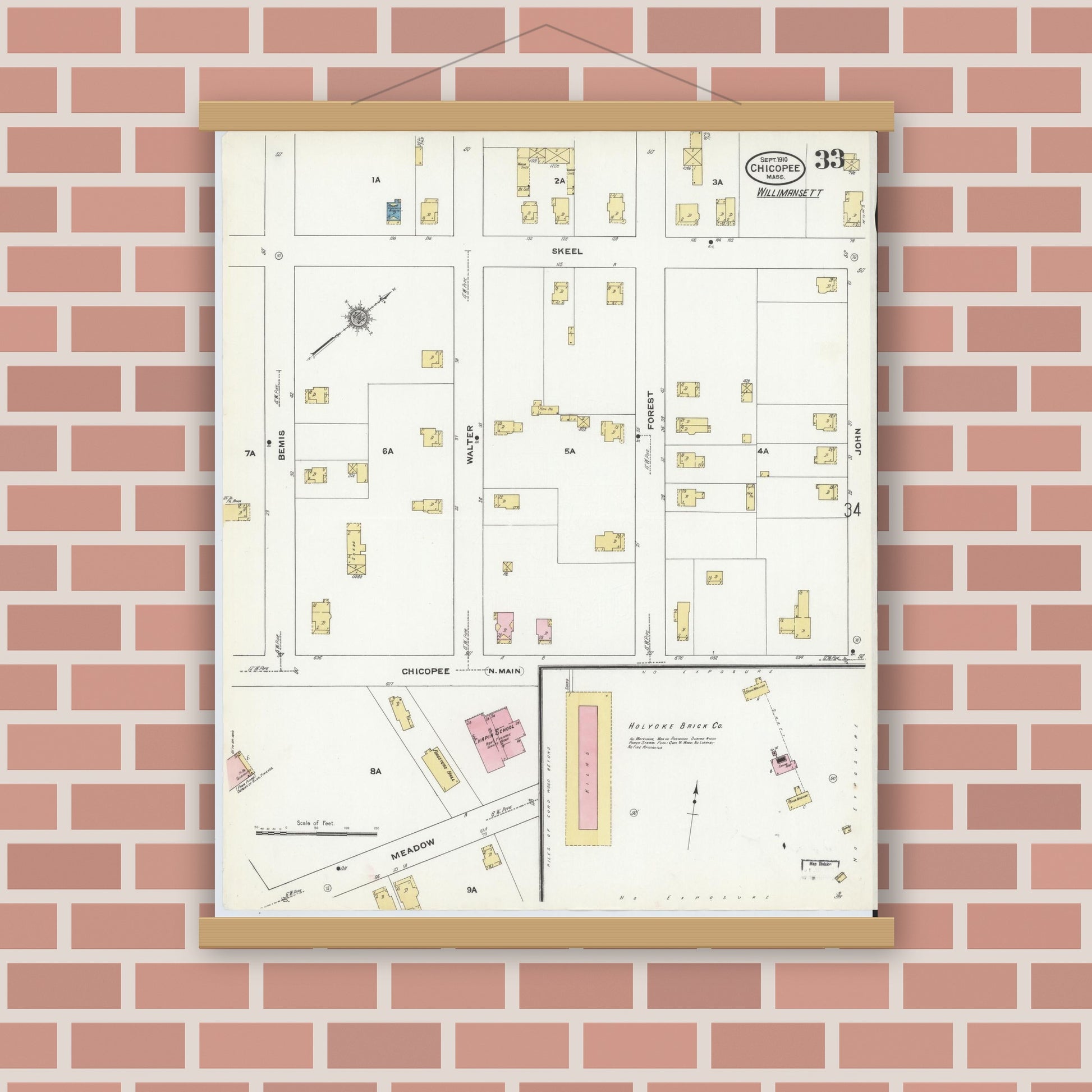 Old map wall art mockup — magnetic wood frame on brick wall — Sanborn Fire Insurance Map from Chicopee, Hampden County, Massachusetts (1910), Sheet #0033