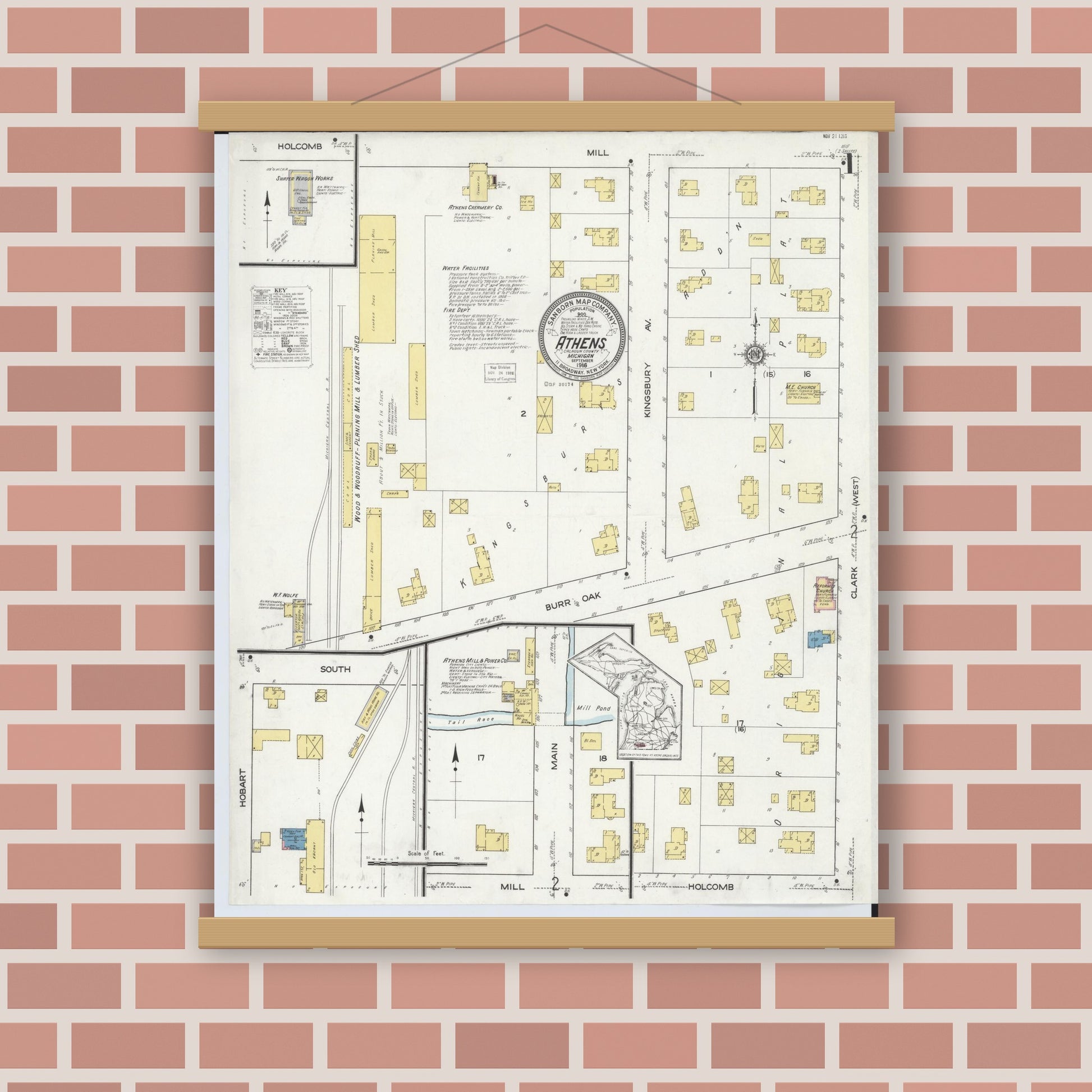 Old map wall art mockup — magnetic wood frame on brick wall — Sanborn Fire Insurance Map from Athens, Calhoun County, Michigan (1916) - Complete Map Set