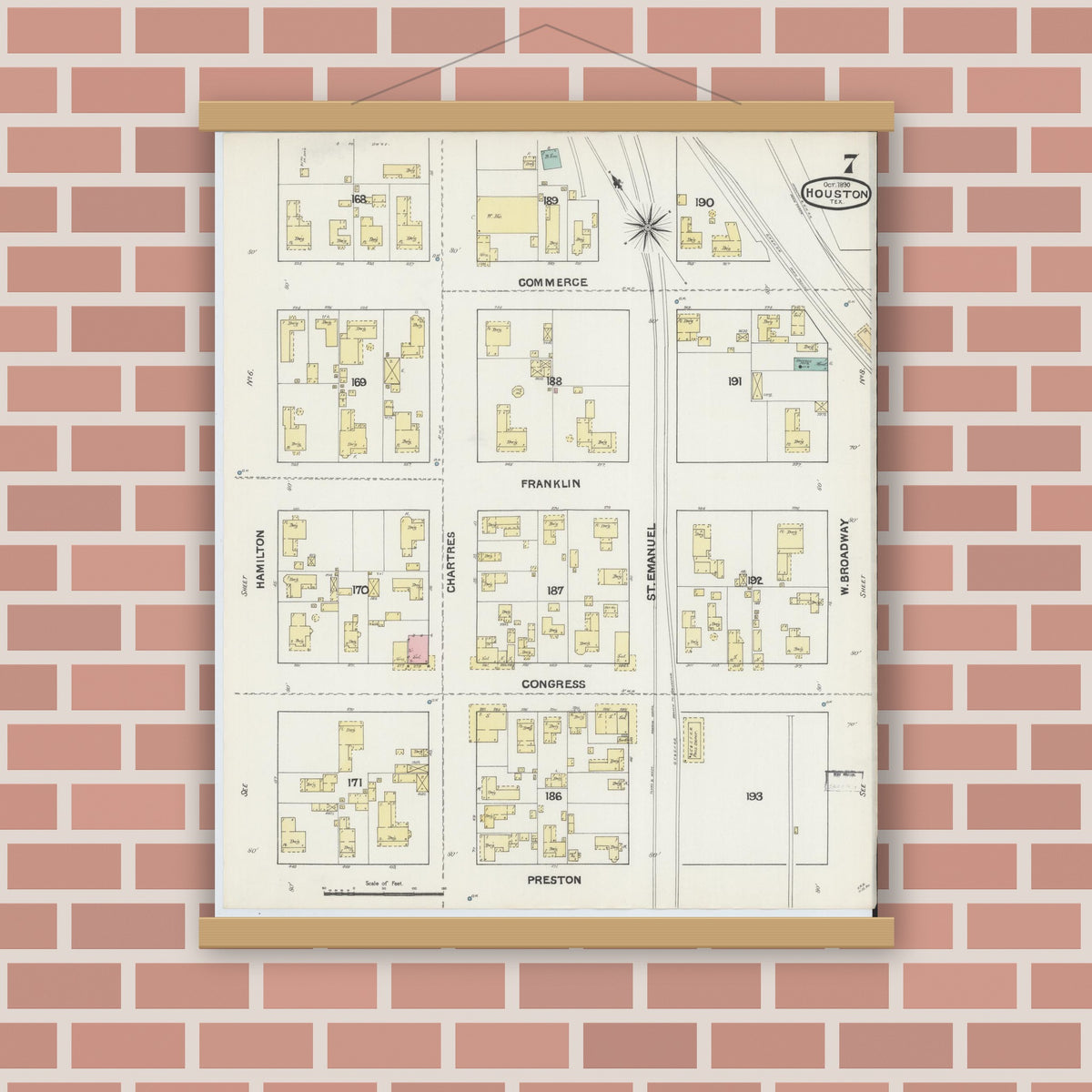 Old map wall art mockup — magnetic wood frame on brick wall — Sanborn Fire Insurance Map from Houston, Harris County, Texas (1890), Sheet #0007