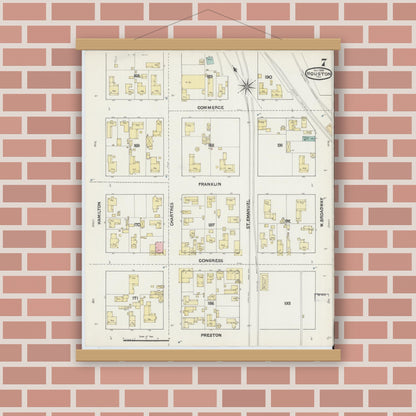 Old map wall art mockup — magnetic wood frame on brick wall — Sanborn Fire Insurance Map from Houston, Harris County, Texas (1890), Sheet #0007