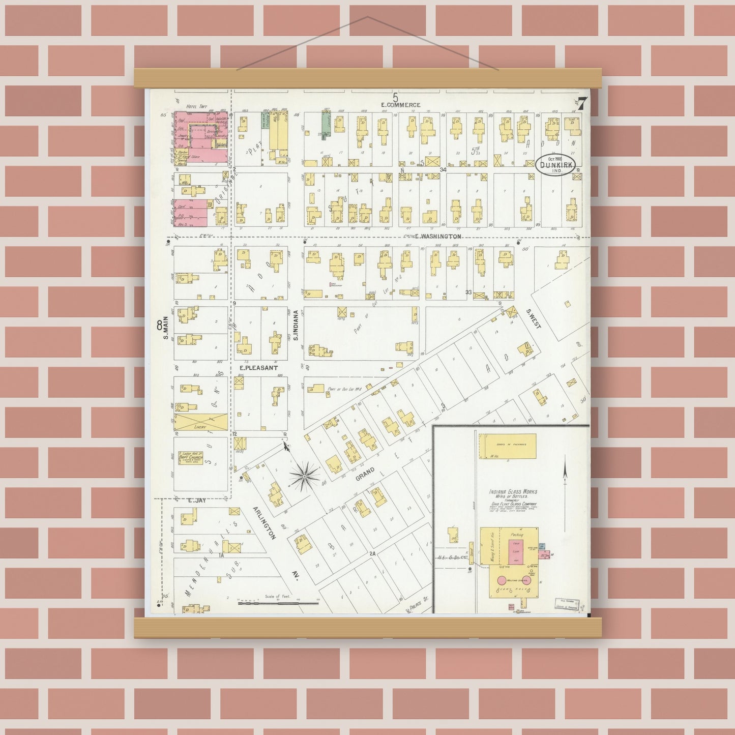 Old map wall art mockup — magnetic wood frame on brick wall — Sanborn Fire Insurance Map from Dunkirk, Jay And Blackford Counties, Indiana (1900), Sheet #0007